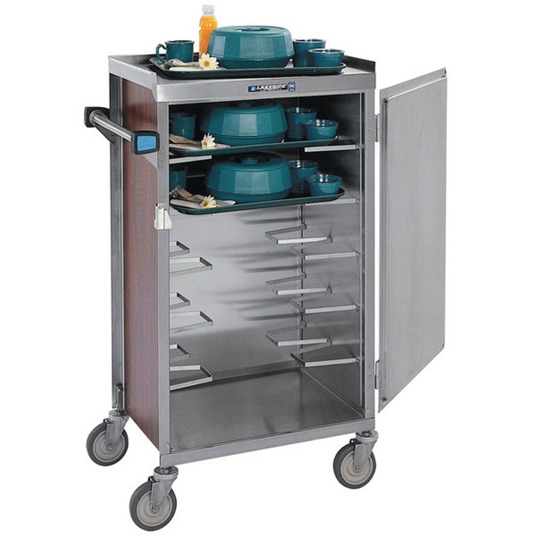 Lakeside 654 Stainless Steel 6 Tray Compact 1 Door Meal Delivery Cart w/ Vinyl Laminate Panels