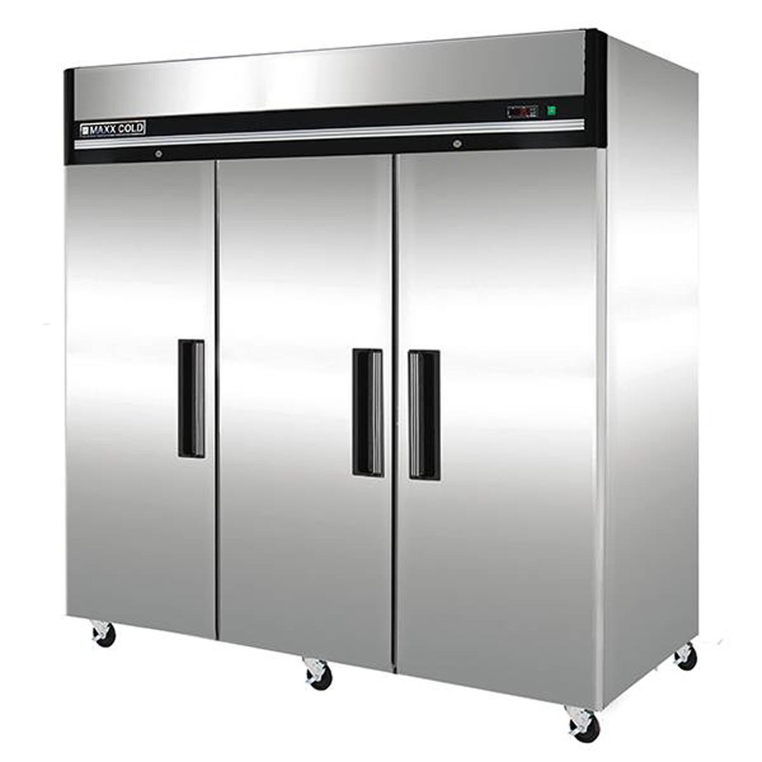 Maxx Cold MXCR-72FDHC 81" Three Section Reach-In Refrigerator w/ 3 Solid Doors, Top Mount, Aluminum Interior, 72 cu. ft