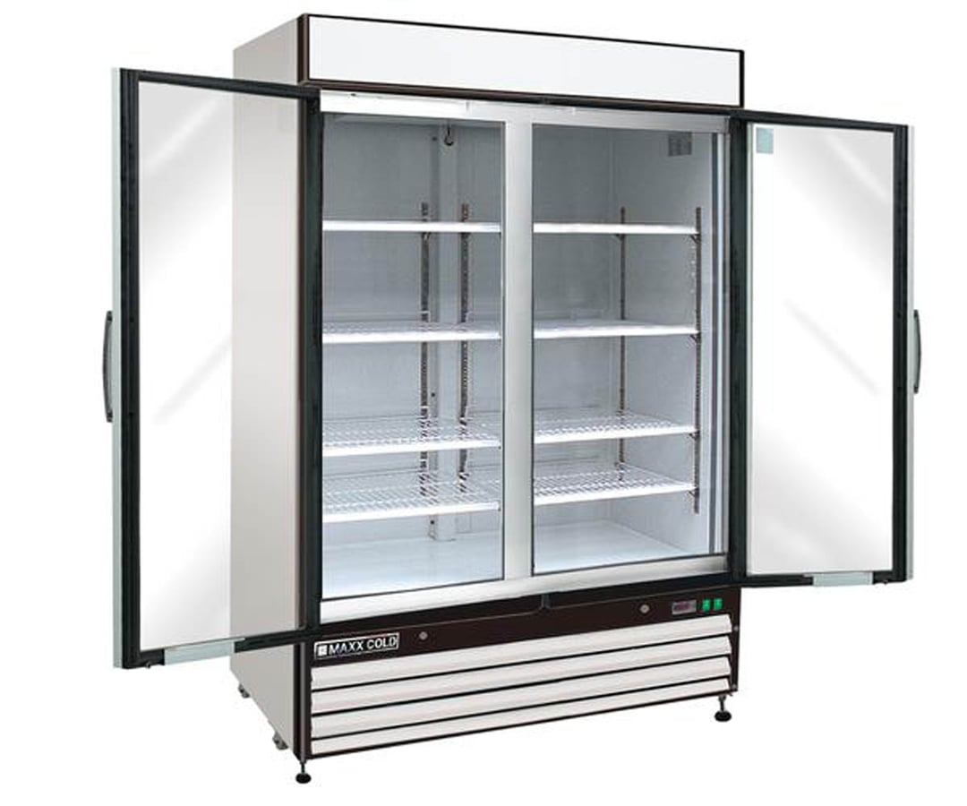 Maxx Cold MXM2-48RHC 54" 2-Section Glass Door Merchandiser Refrigerator in White, 48 cu. ft.