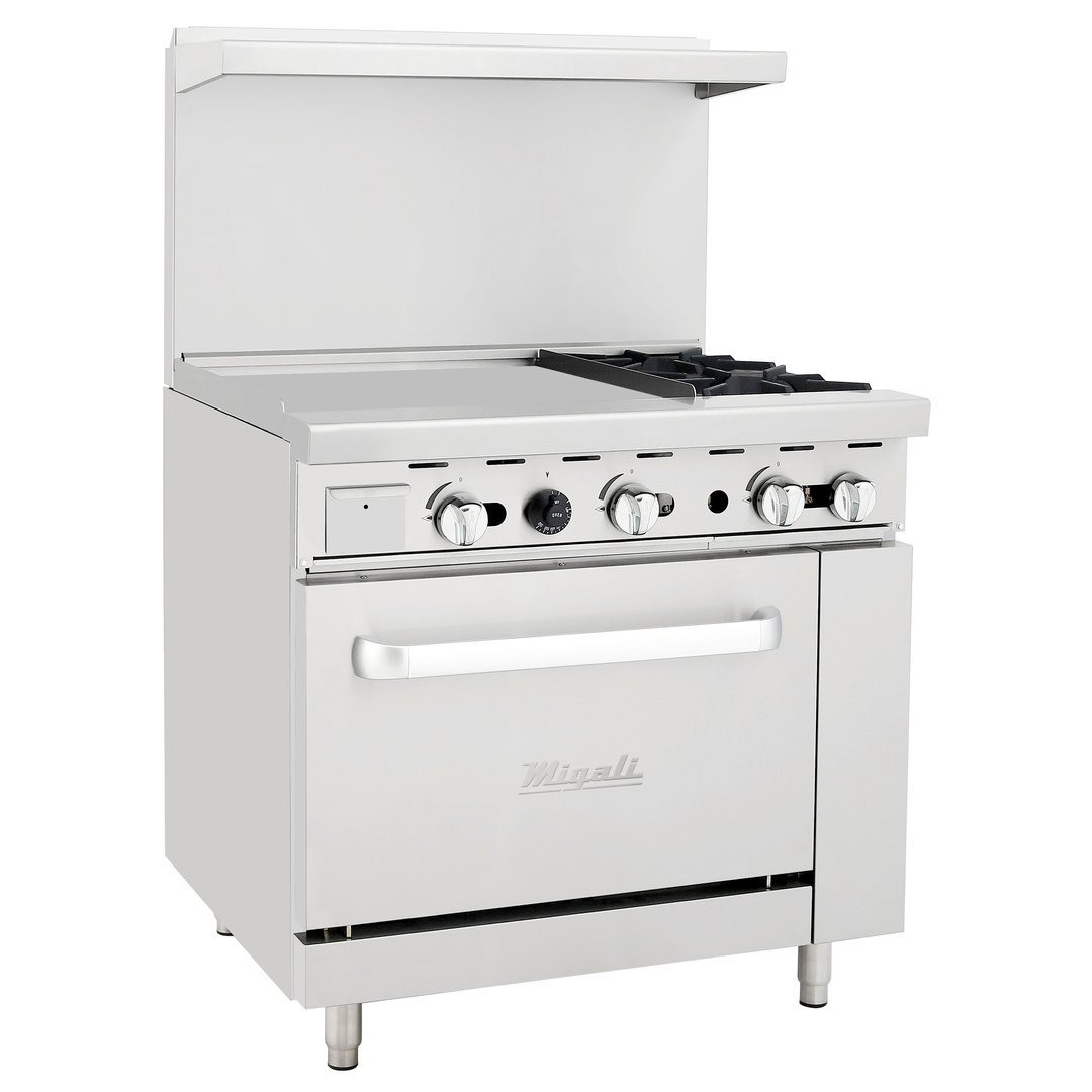 Migali C-RO2B-24GL-NG 36" Natural Gas Restaurant Range w/ (2) Open Burners, 24" Griddle,125.000 BTU 