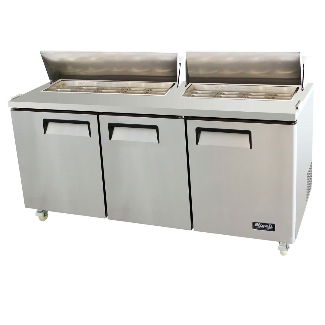 Migali C-SP72-18-HC 72" Two Section Sandwich/Salad Prep Table w/ 3 Doors, 18 Pans