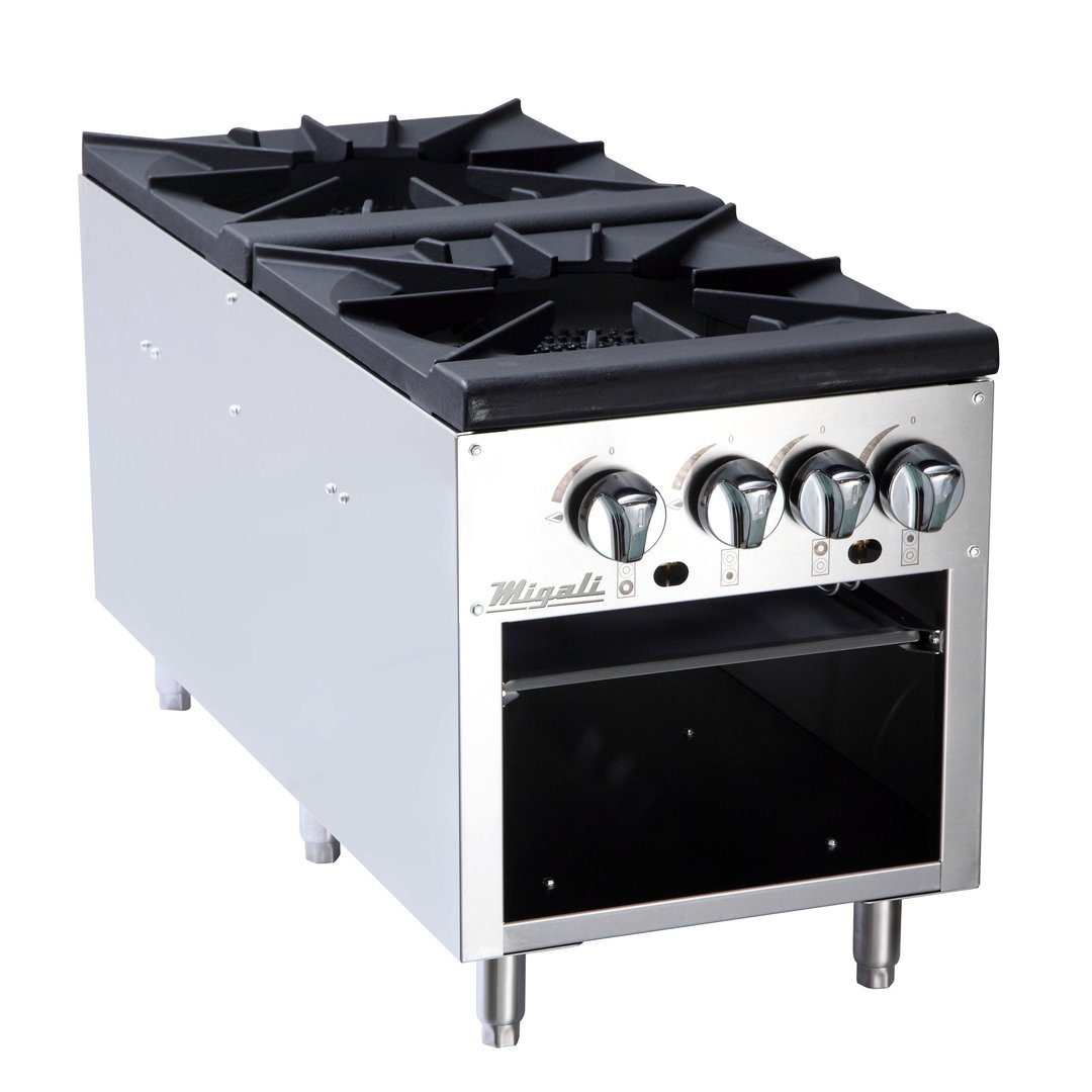 Migali C-SPS-2-18 18" Natural Gas Stock Pot Range w/ (2) Two Ring Burners, Front to Back Design, LP Conversion Kit Included, Manual Controls, 160.000 BTU