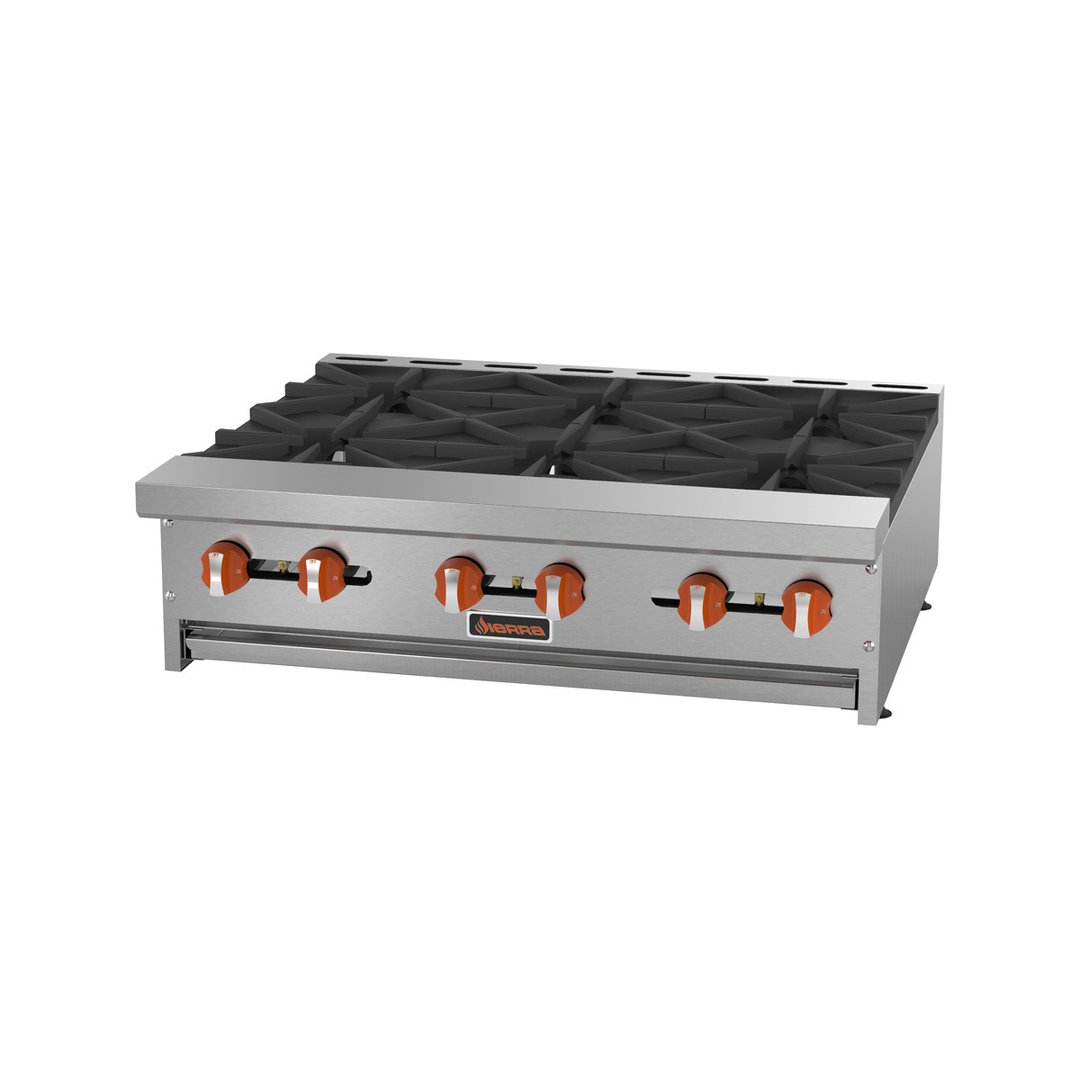 Sierra SRHP-6-36 36" Countertop Gas Hotplate with (6) Burners, Manual Controls, 150.000 BTU