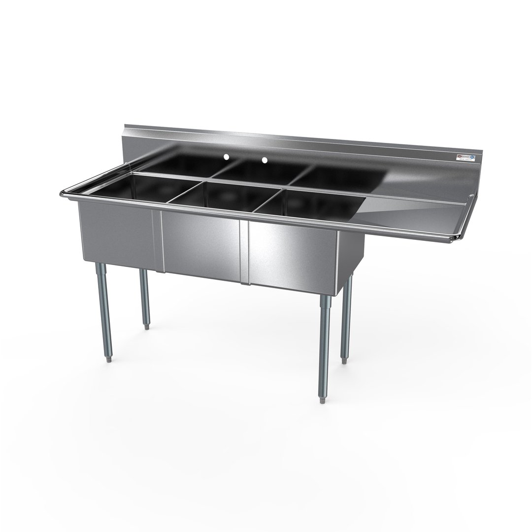 NBR Equipment 3SG-101410R15 47" Three Compartment Sink, 10"W x 14"L Bowl With Right-Hand Drainboard
