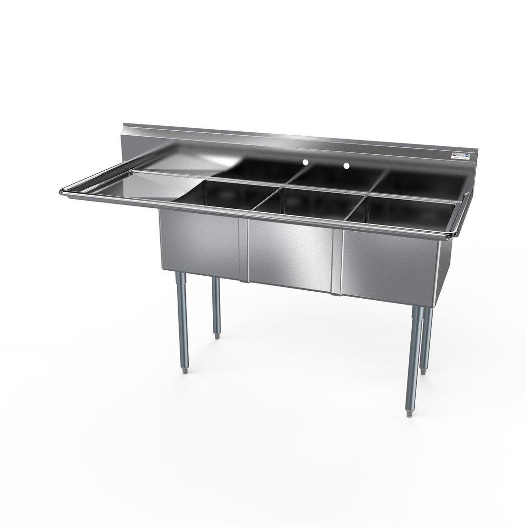 NBR Equipment 3SG-182414L24 80" Three Compartment Sink, 18"W x 24"L Bowl With Left-Hand Drainboard