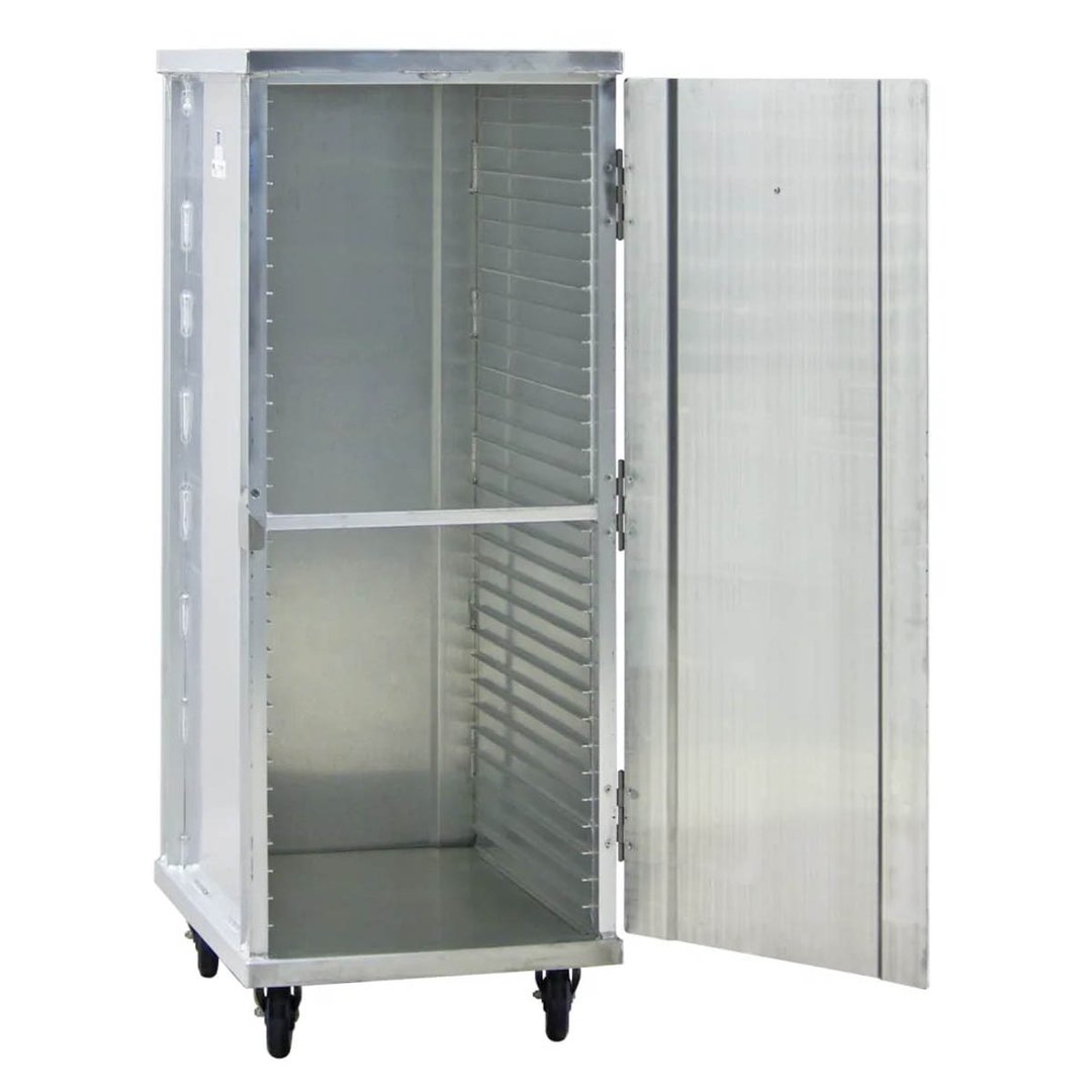 New Age 1293 32 Pan Aluminum Mobile End Load Enclosed Sheet Pan Rack w/ 1 1/2" Bottom Load Slides