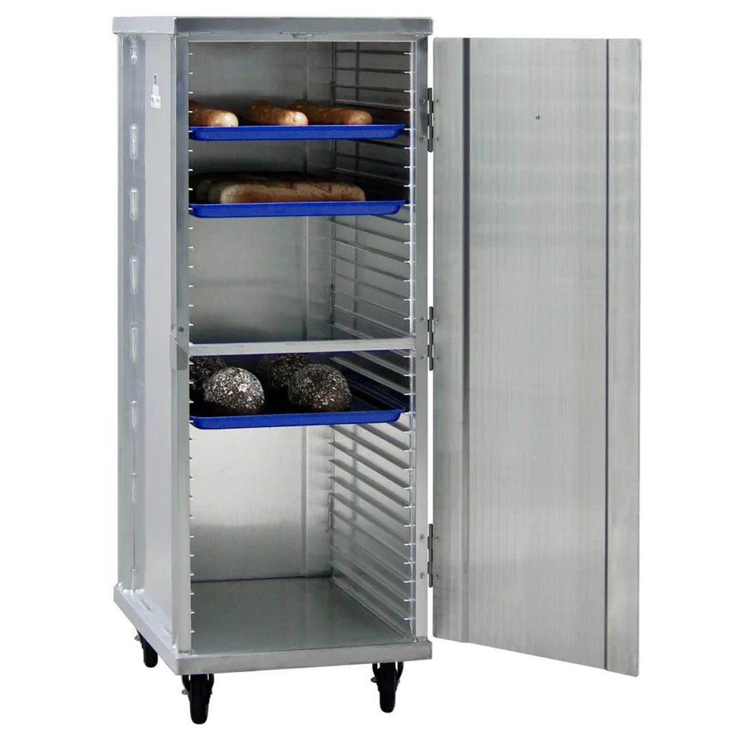 New Age 1293 32 Pan Aluminum Mobile End Load Enclosed Sheet Pan Rack w/ 1 1/2" Bottom Load Slides