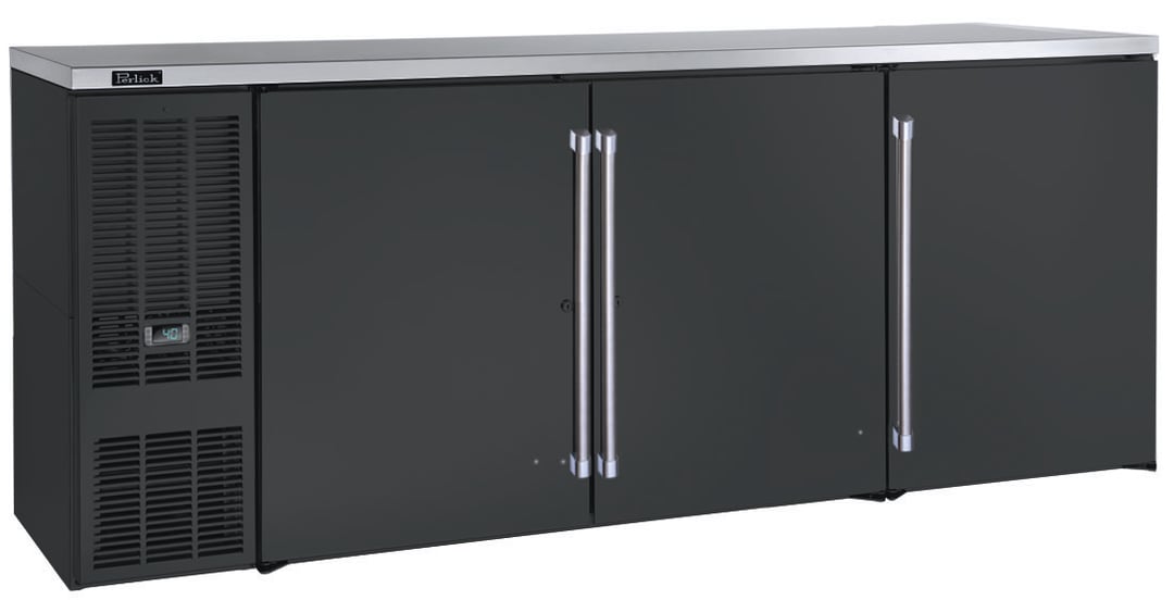 Perlick BBS84B-S-4 Refrigerated Back Bar Cabinet w/ 24.8 Cu Ft Capacity, 3 Solid Doors, Black