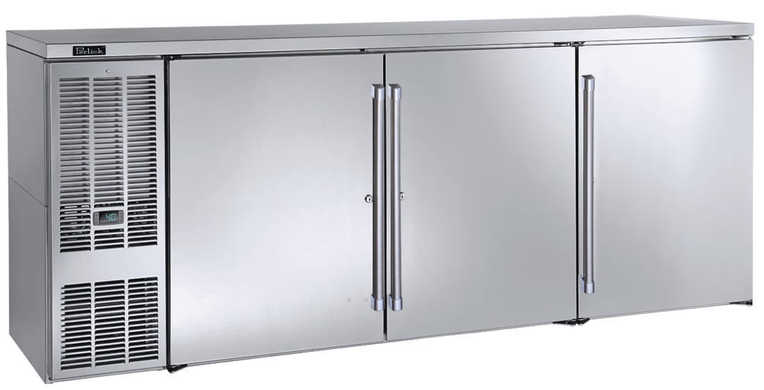 Perlick BBS84S-S-4 Refrigerated Back Bar Cabinet w/ 24.8 Cu Ft Capacity, 3 Solid Doors