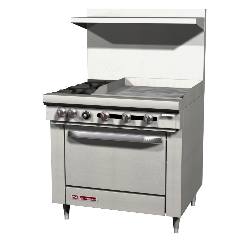 Southbend S36A-1G 36" Gas Restaurant Range w/ (4) Open Burners, 12" Griddle Left, (1) Convection Oven, 165.000 BTU