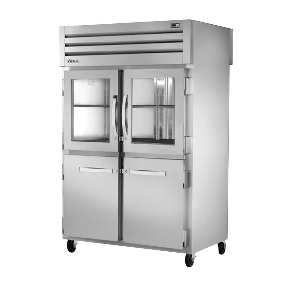 True STA2RPT-2HG/2HS-2S-HC Two Section Pass-Thru Refrigerator w/ Front 2 Glass/2 Solid Half & Rear 2 Solid Full Doors, Aluminum Interior-Stainless Floor