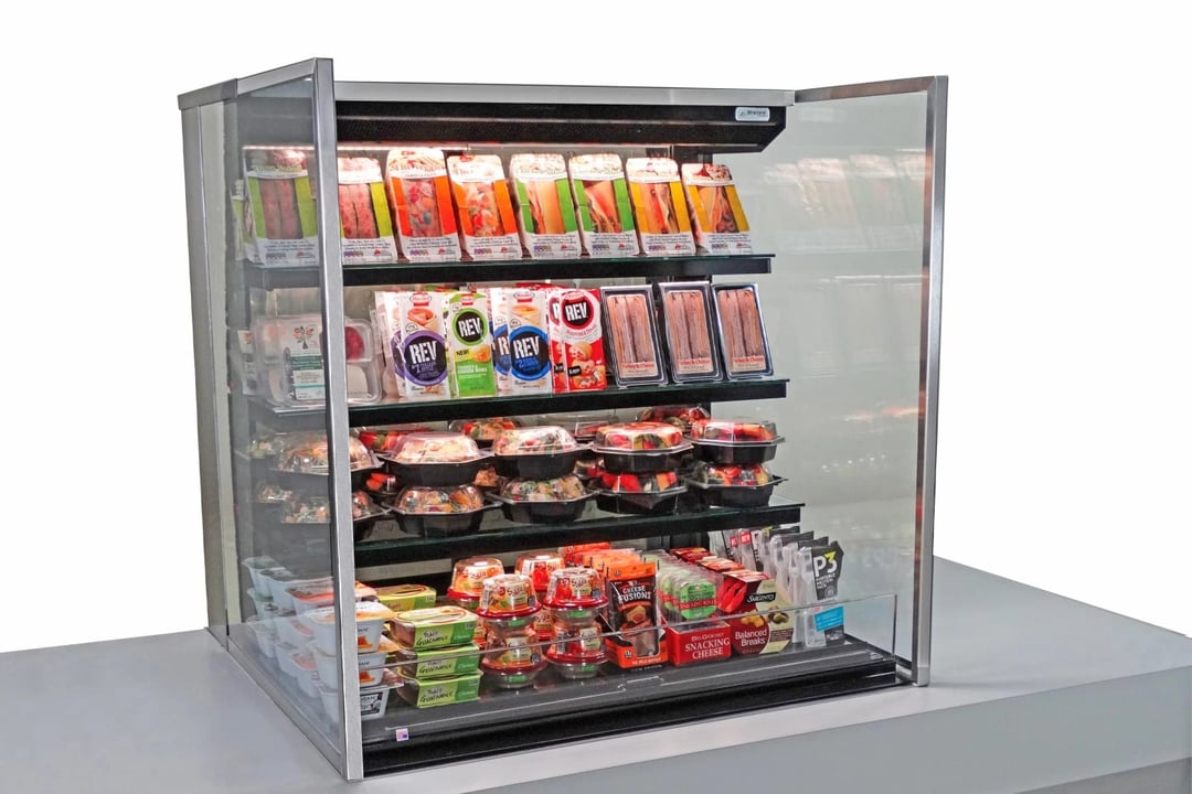 Structural Concepts NE3635RSSV 36" Reveal® Self-Service Refrigerated Slide In Counter Case, 3 Shelves, Open Flat, Glass Side Panels