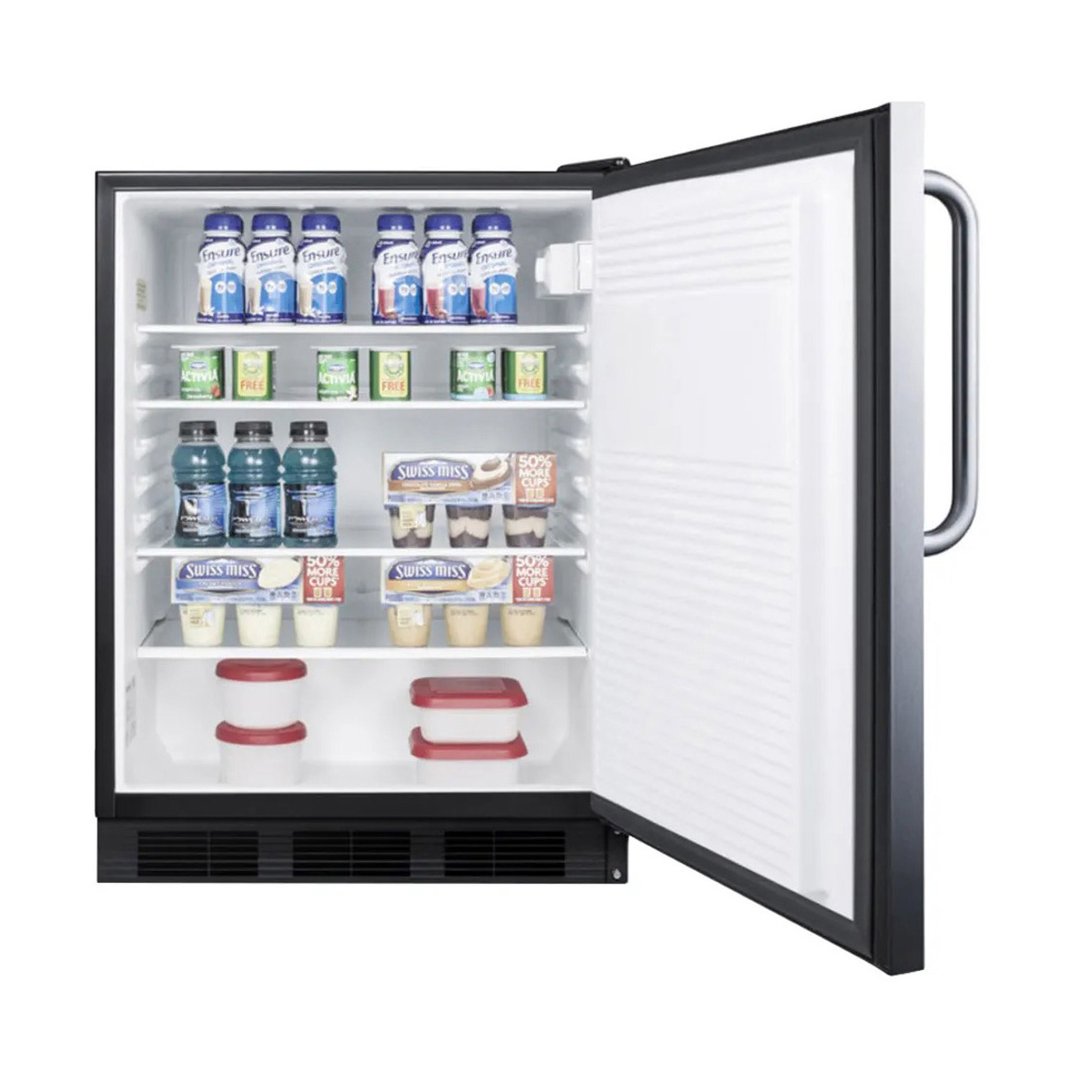 Summit FF7BKSSTB 24" Undercounter Refrigerator in Black, Stainless Steel Door, Towel Bar Handle, 5.5 cu. ft.