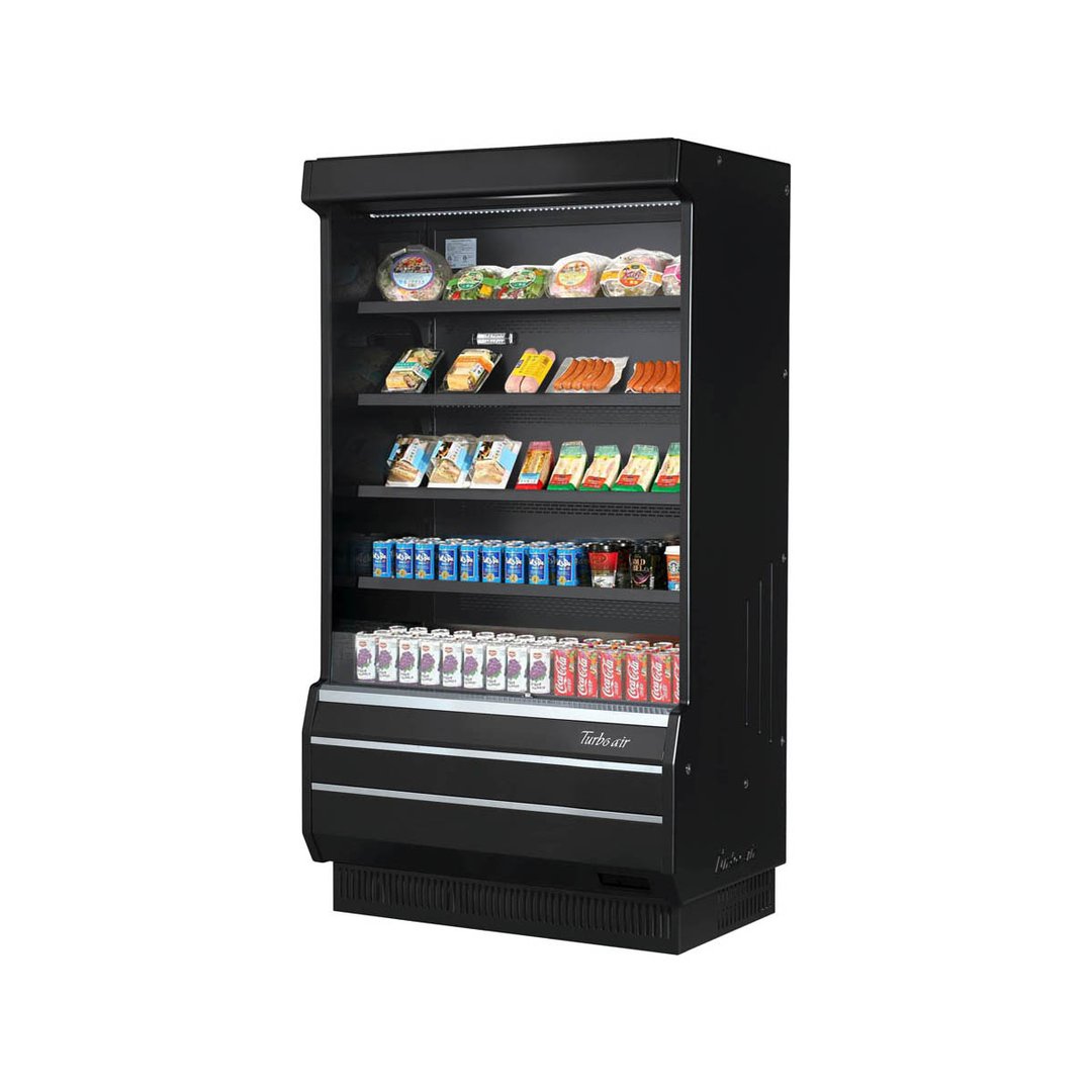 Turbo Air TOM-40B-SP(-A)-N 39" Vertical Open Air Merchandiser in Black, Self-Contained, 4 Shelves, Night Curtain, 14.4 cu. ft.