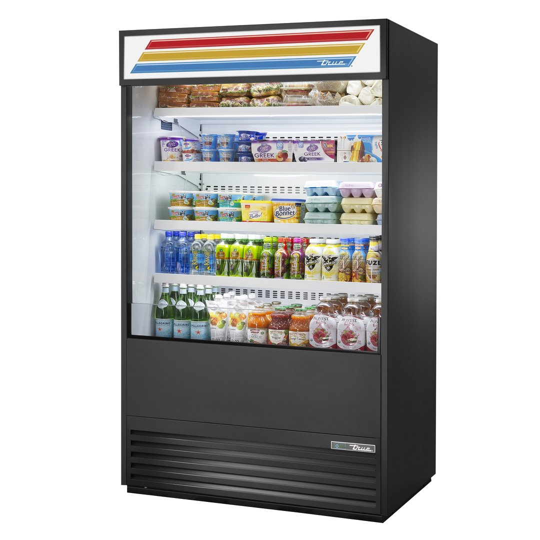 True TOAM-48-HC~TSL01 48" Vertical Air Curtain Merchandiser in Black, Self-Contained, 4 Shelves, Lighted Sing Panel