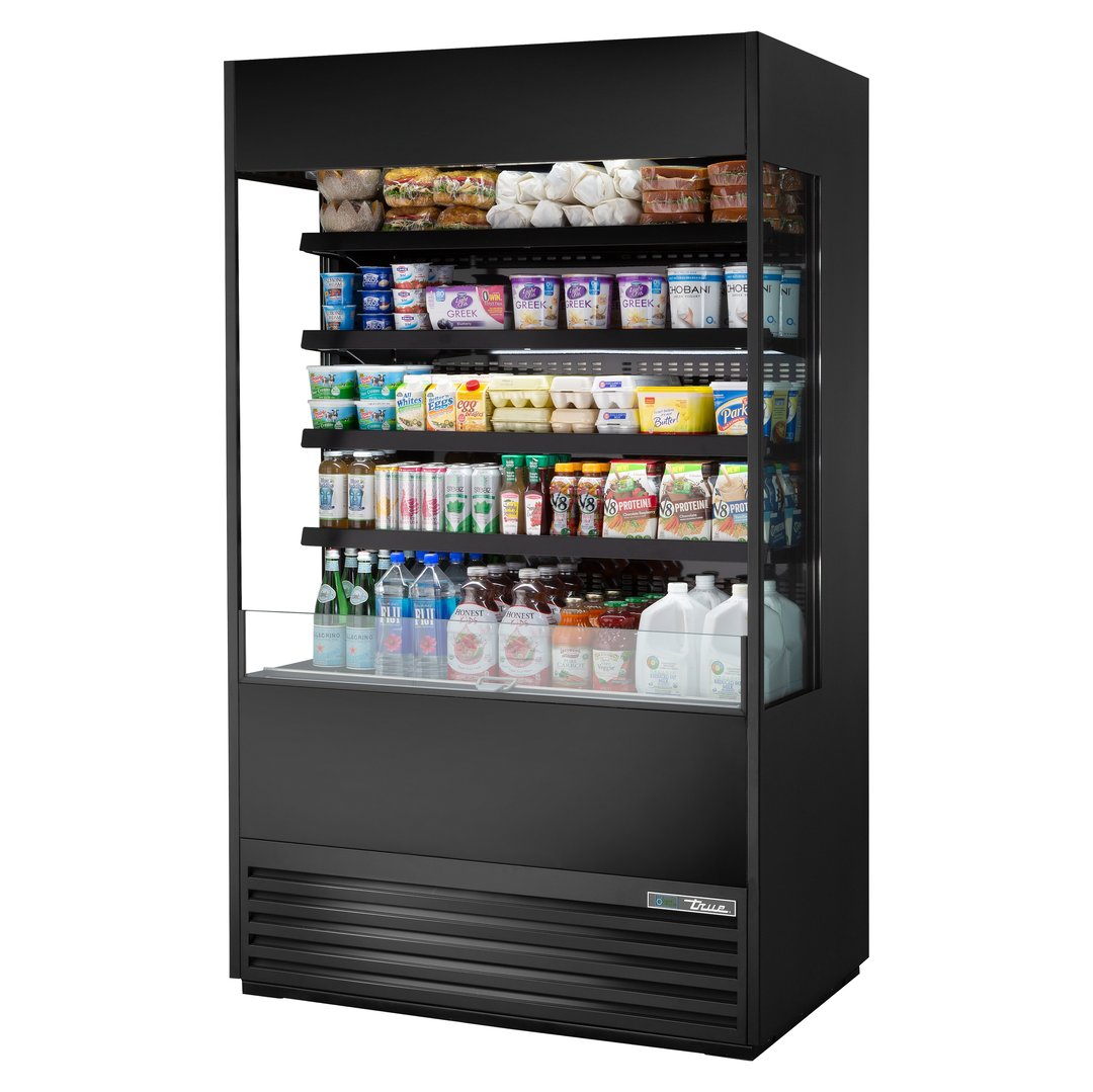 True TOAM-48GS-HC~NSL01 48" Vertical Air Curtain Merchandiser in Black, Self-Contained, 4 Shelves, Glass Sides