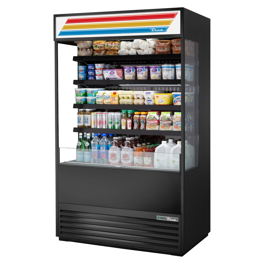 True TOAM-48GS-HC~TSL01 48" Vertical Air Curtain Merchandiser in Black, Self-Contained, Glass Sides, 4 Shelves, Lighted Sing Panel