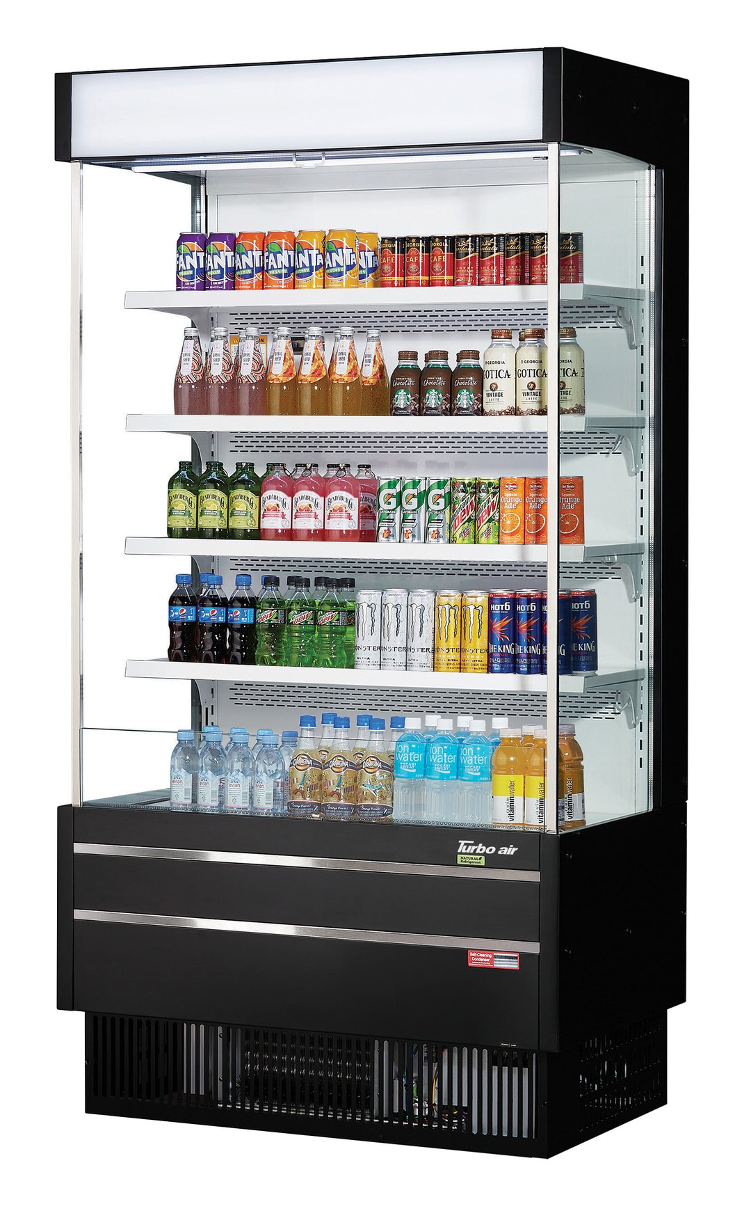 Turbo Air TOM-40SEW(B)-N 39" Vertical Open Air Merchandiser, Specify Exterior, Self-Contained, 4 Shelves, Glass Sides, 16.1 cu. ft.