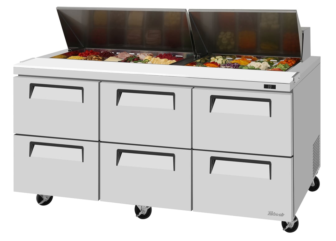 Turbo Air TST-72SD-D6-N 72" Three Section Sandwich / Salad Prep Table w/ 6 Drawers, 18 Pans