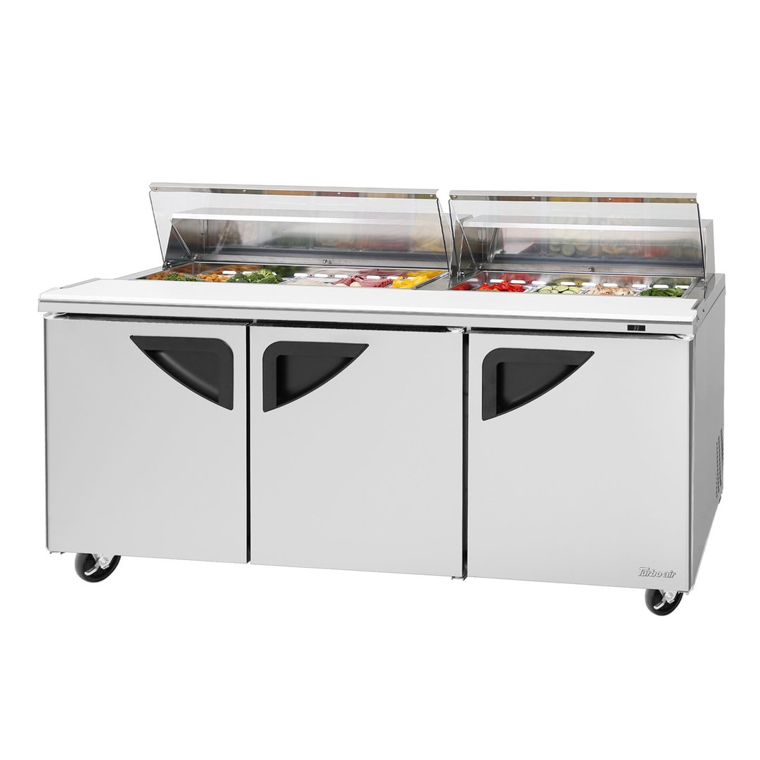 Turbo Air TST-72SD-N-CL 72" Three Section Sandwich / Salad Prep Table w/ 3 Doors, 18 Pans