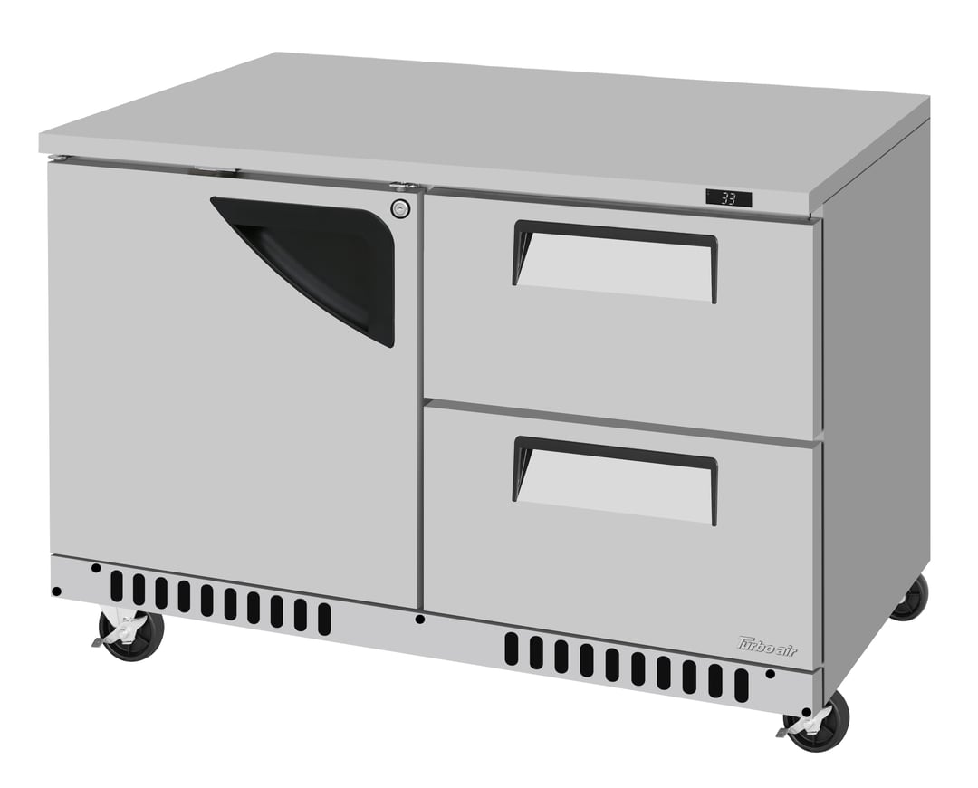 Turbo Air TUR-48SD-D2R(L)-FB-N 48" 2-Section Undercounter Refrigerator w/ 2 Drawers & 1 Door