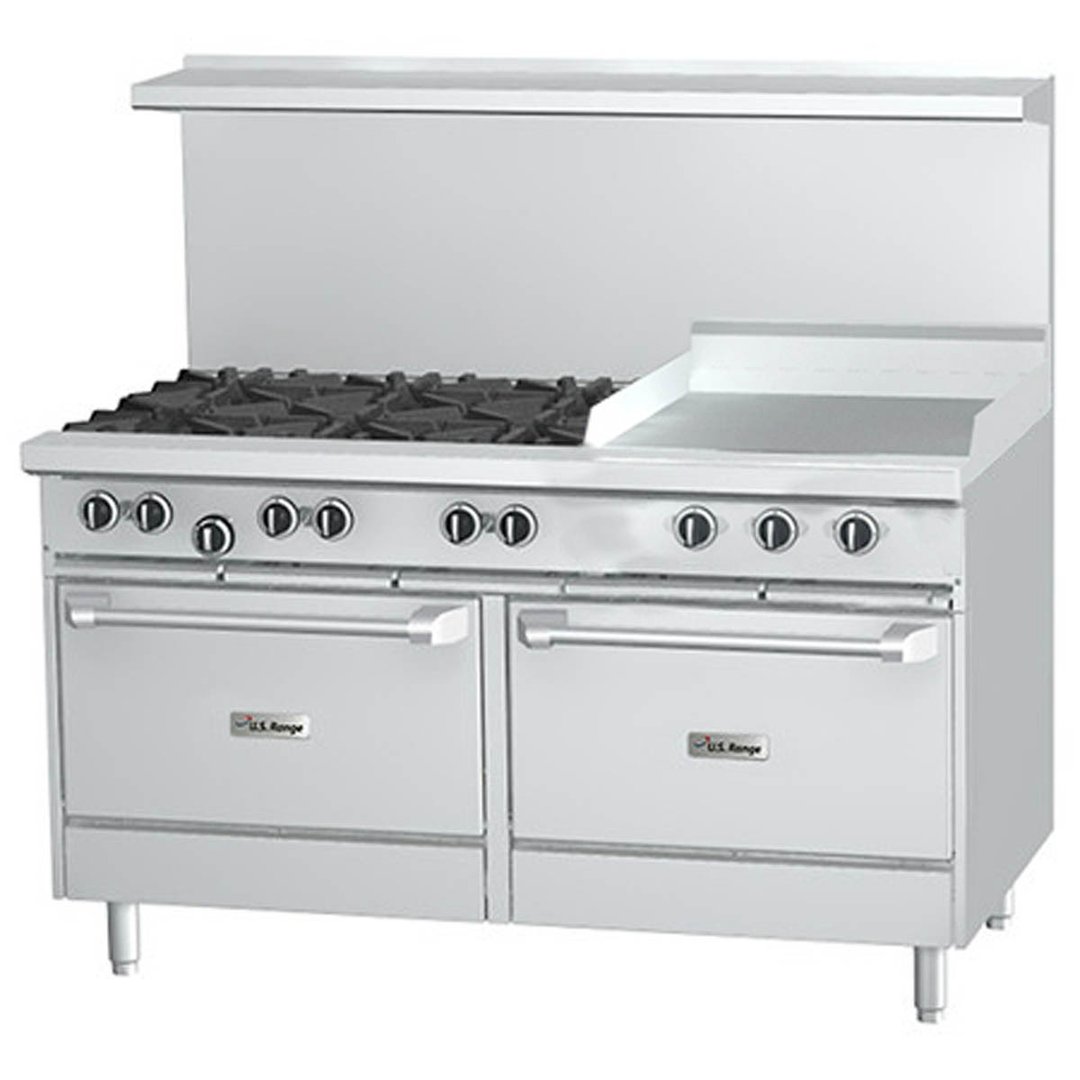 Garland US Range U60-6G24RR 60" Gas Restaurant Range w/ (6) Open Burners, 24" Griddle, (2) Standard Ovens, 304.000 BTU
