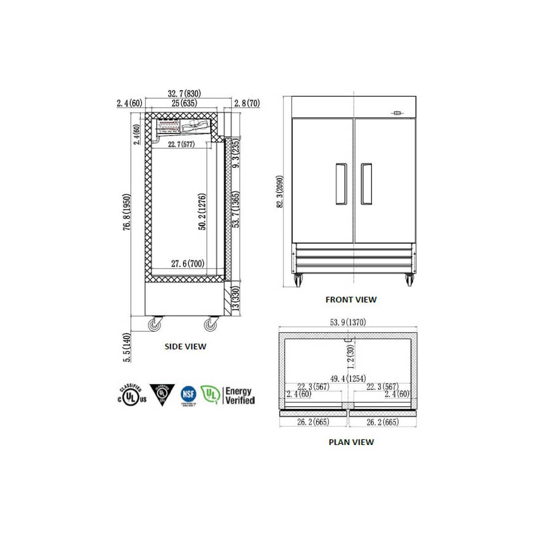 Valpro VP2F-HC 53" Two Section Reach-In Freezer w/ 2 Solid Doors, Bottom Mount, 49 cu. ft.