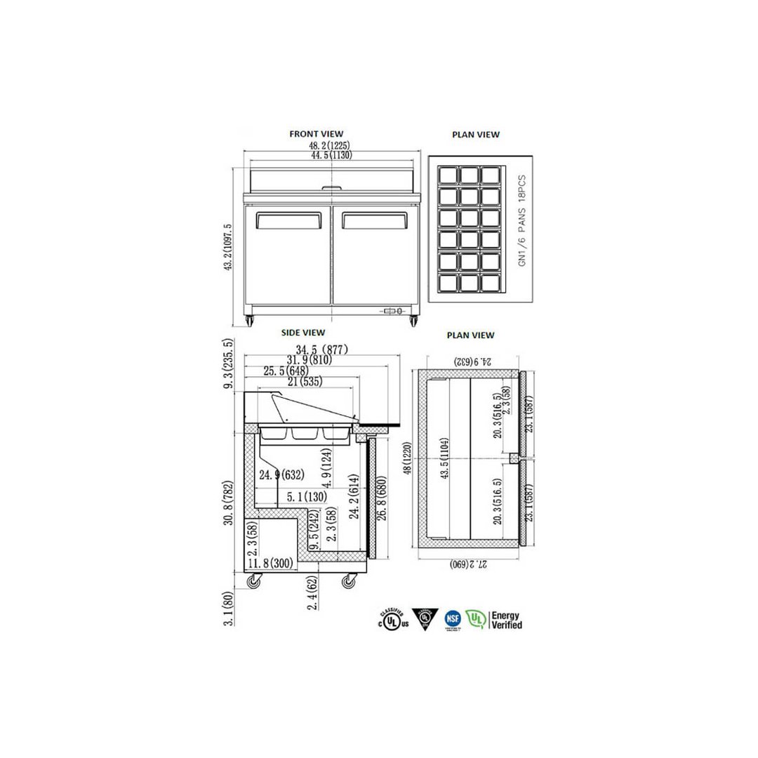 Valpro VP48SM-HC 48" Two Section Mega Top Sandwich/Salad Prep Table w/ 2 Doors, 18 Pans