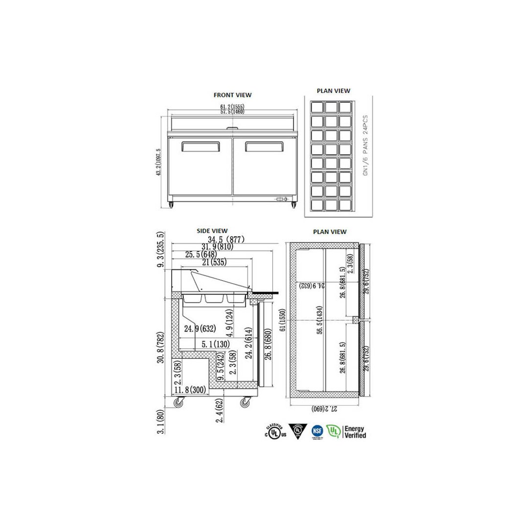 Valpro VP60SM-HC 61" Two Section Mega Top Sandwich/Salad Prep Table w/ 2 Doors, 24 Pans