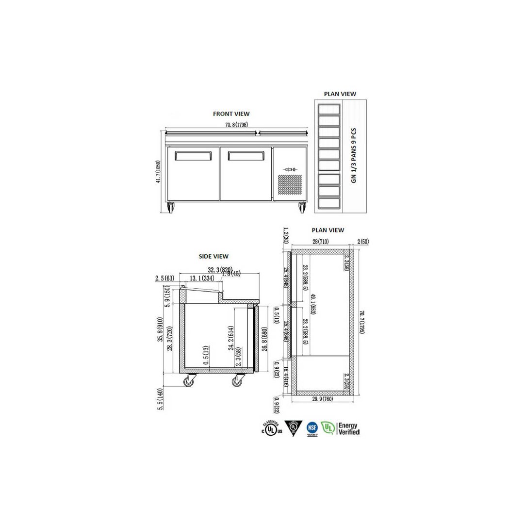 Valpro VPP71-HC 70" Two Section Refrigerated Pizza Prep Table w/ 2 Doors, 9 Pans, 22 cu. ft.