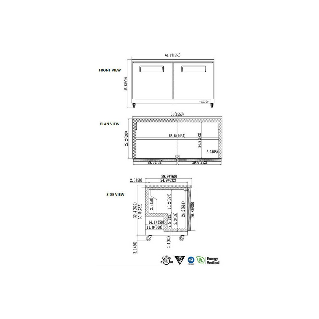 Valpro VPUCF60 61" 2-Section Undercounter Freezer w/ 2 Doors, 15.5 cu. ft.