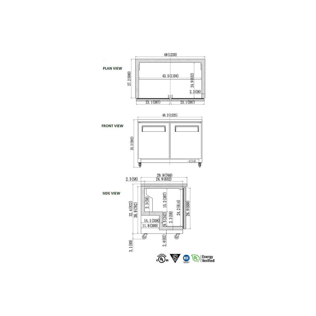 Valpro VPUCR48 48" 2-Section Undercounter Refrigerator w/ 2 Doors, 12 cu. ft.