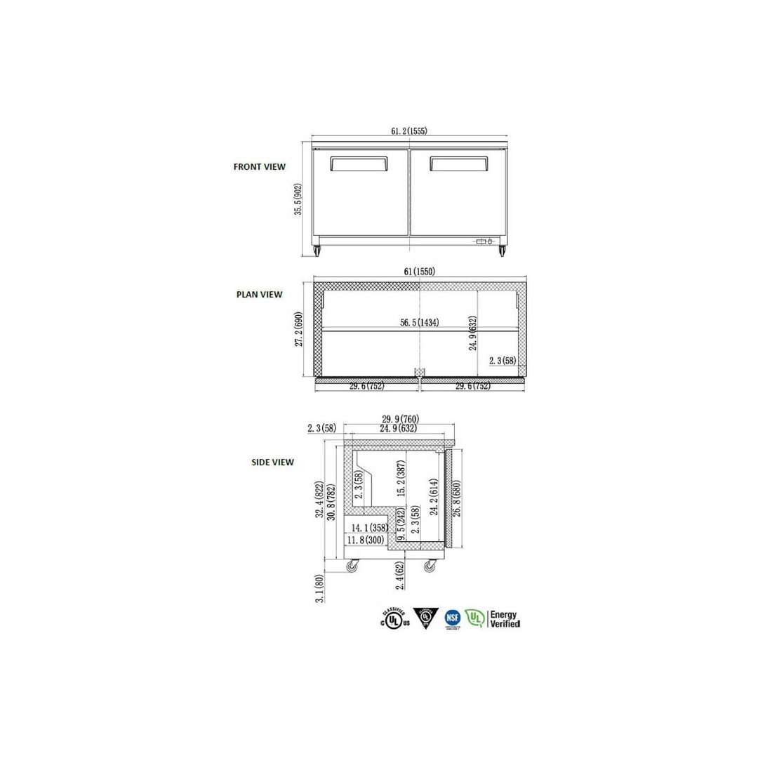 Valpro VPUCR60 61" 2-Section Undercounter Refrigerator w/ 2 Doors, 15.5 cu. ft.