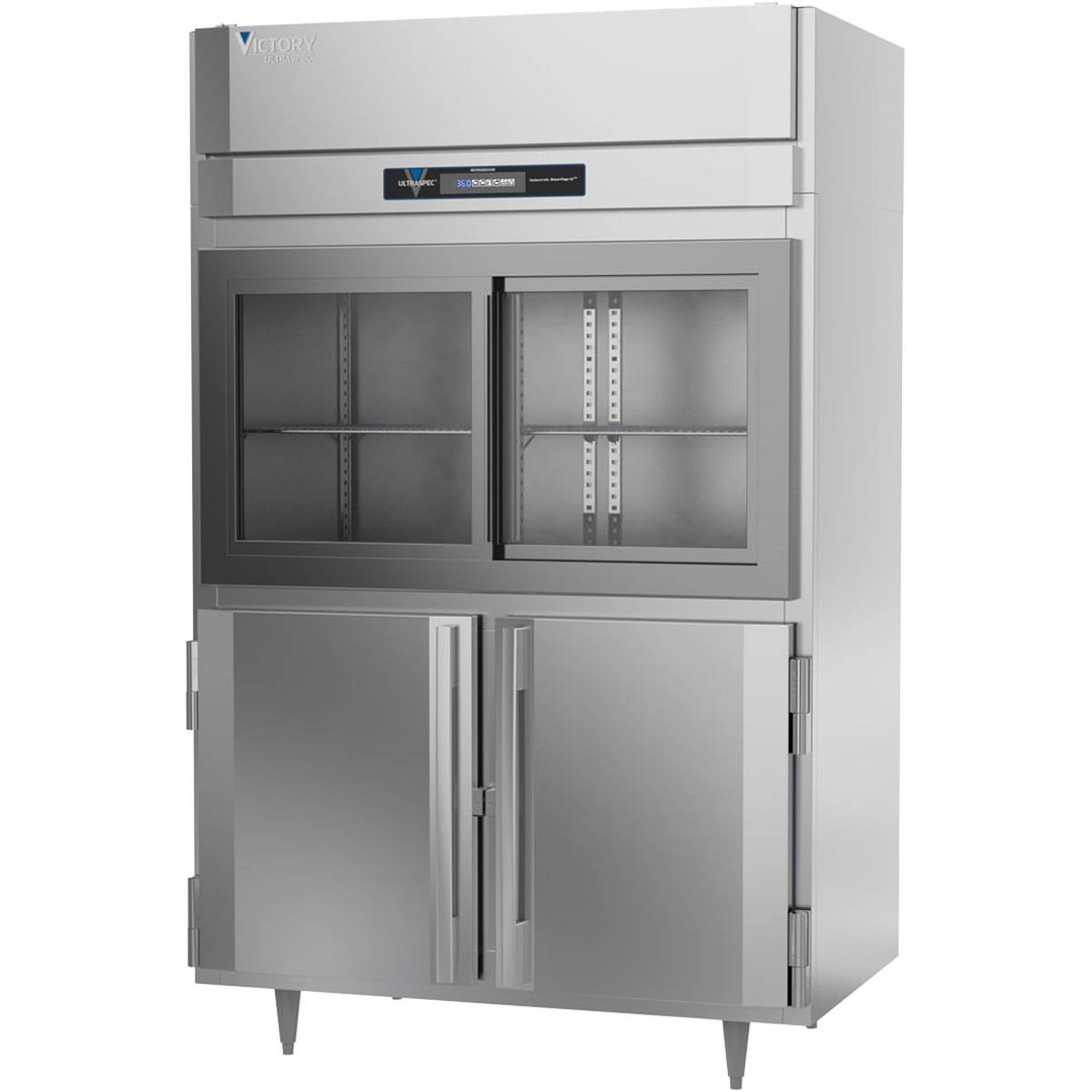 Victory DRSA-2D-S1-HD-HC 52" Two Section Reach-In Refrigerator w/ 2 Sliding Glass & 2 Swing Solid Half Doors, Aluminum Interior, 45 cu. ft.