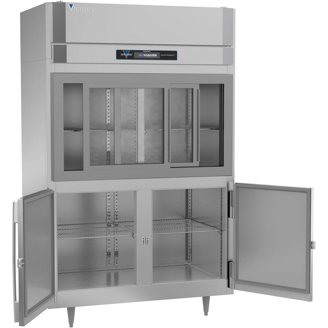 Victory DRSA-2D-S1-HD-HC 52" Two Section Reach-In Refrigerator w/ 2 Sliding Glass & 2 Swing Solid Half Doors, Aluminum Interior, 45 cu. ft.