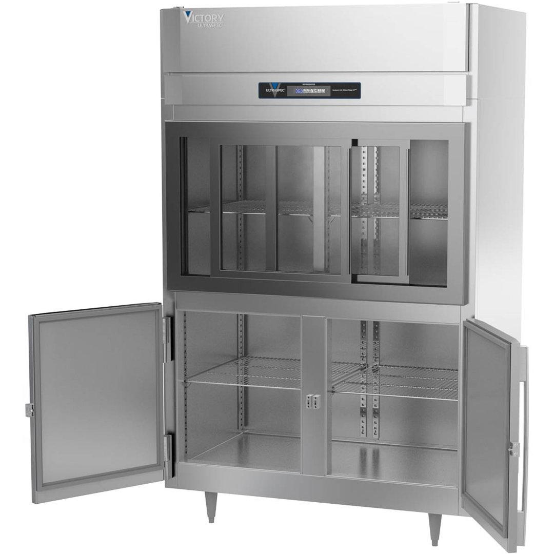 Victory DRSA-2D-S1-HD-HC 52" Two Section Reach-In Refrigerator w/ 2 Sliding Glass & 2 Swing Solid Half Doors, Aluminum Interior, 45 cu. ft.