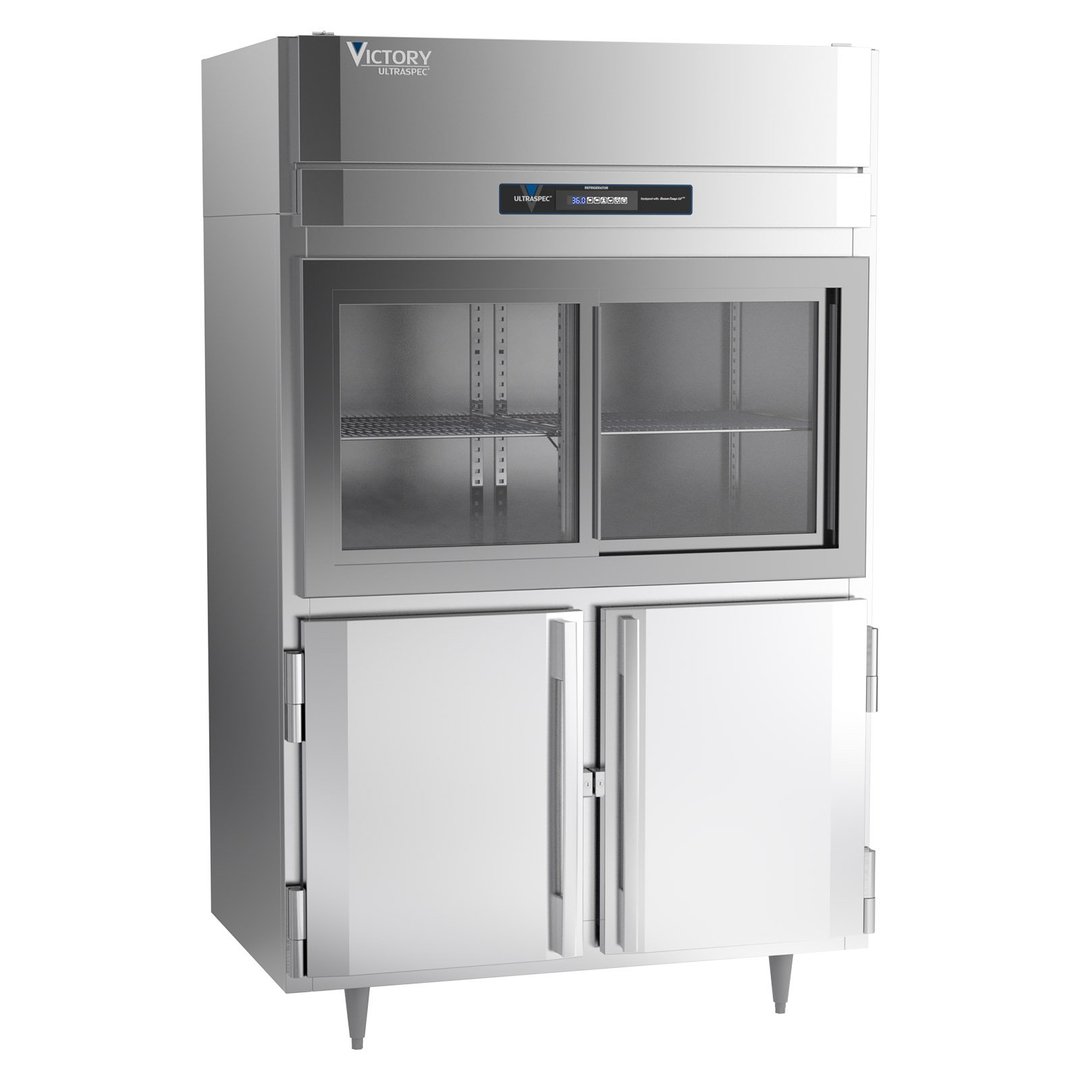 Victory DRSA-2D-S1-HD-HC 52" Two Section Reach-In Refrigerator w/ 2 Sliding Glass & 2 Swing Solid Half Doors, Aluminum Interior, 45 cu. ft.