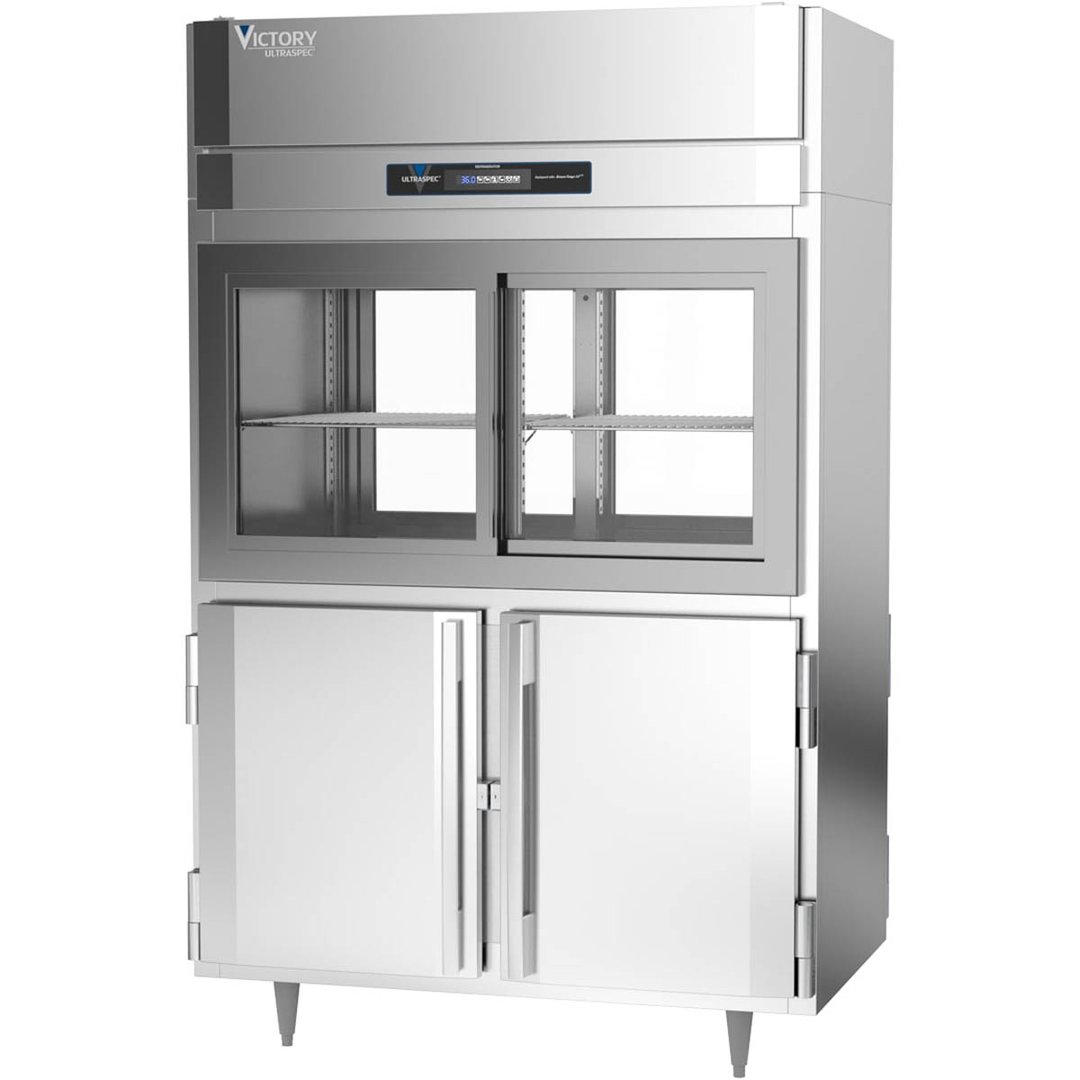 Victory DRSA-2D-S1-PT-HD-HC 52" Two Section Pass-Thru Refrigerator, 4 Glass Sliding & 4 Solid Hinged Half Doors, Aluminum Interior, 48.5 cu ft