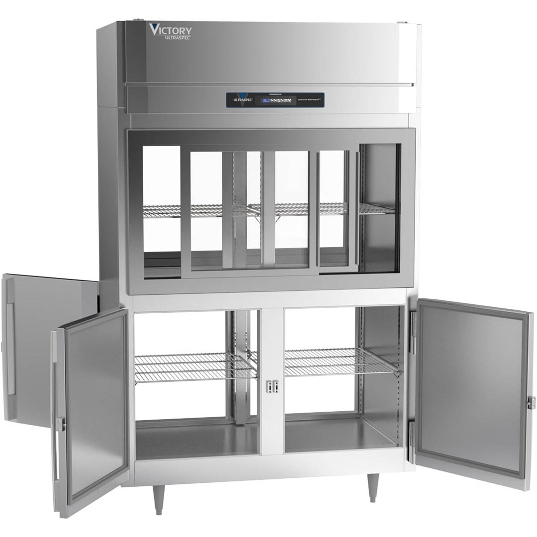 Victory DRSA-2D-S1-PT-HD-HC 52" Two Section Pass-Thru Refrigerator, 4 Glass Sliding & 4 Solid Hinged Half Doors, Aluminum Interior, 48.5 cu ft