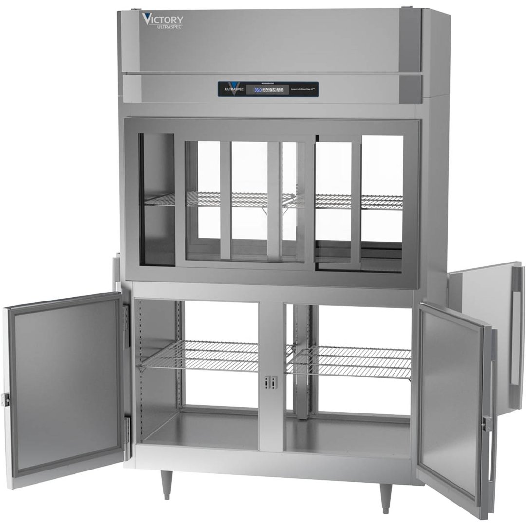 Victory DRSA-2D-S1-PT-HD-HC 52" Two Section Pass-Thru Refrigerator, 4 Glass Sliding & 4 Solid Hinged Half Doors, Aluminum Interior, 48.5 cu ft
