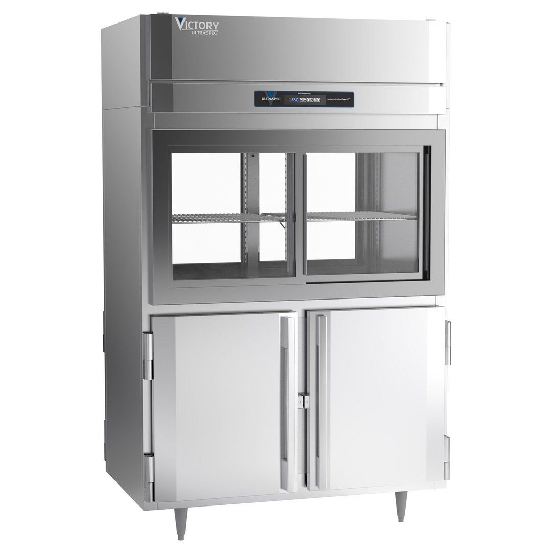 Victory DRSA-2D-S1-PT-HD-HC 52" Two Section Pass-Thru Refrigerator, 4 Glass Sliding & 4 Solid Hinged Half Doors, Aluminum Interior, 48.5 cu ft