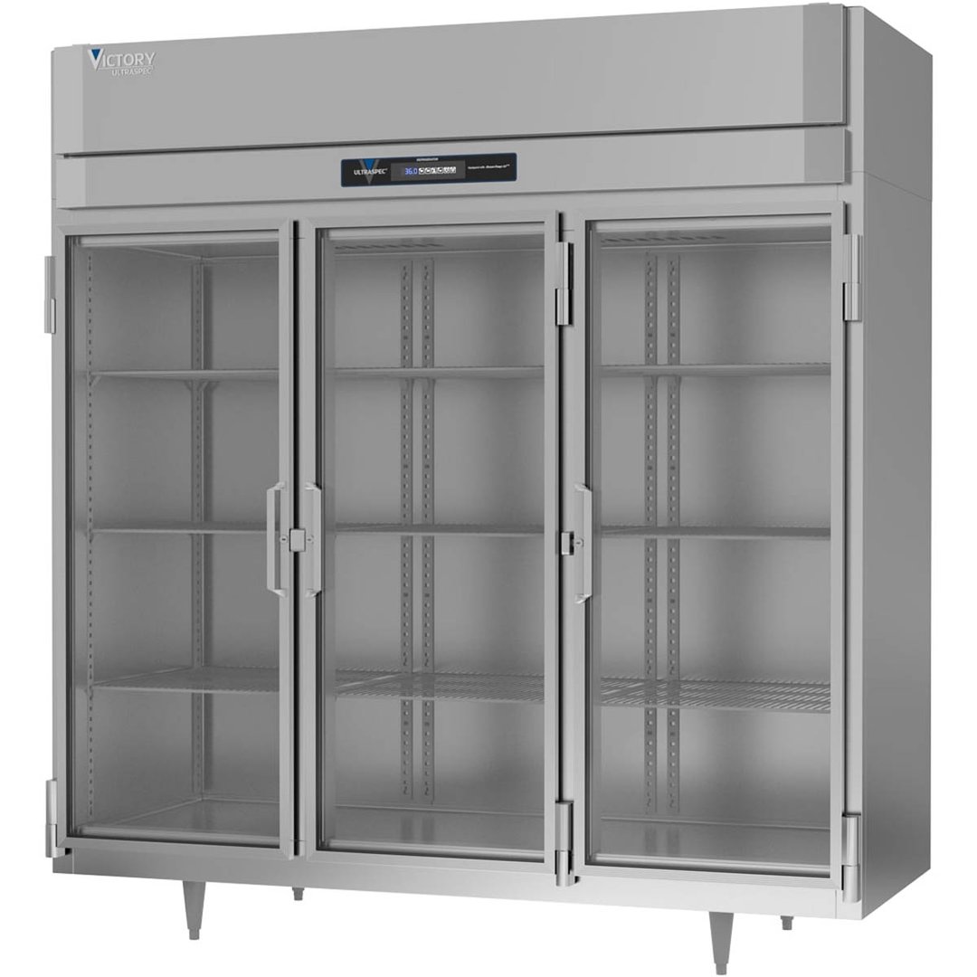 Victory RSA-3D-S1-G-HC 78" Three Section Reach-In Refrigerator w/ 3 Glass Swing Full Doors, Aluminum Interior, 68 cu. ft.