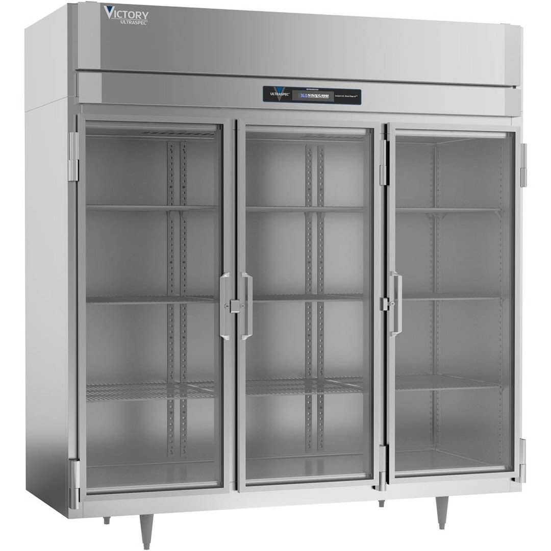 Victory RSA-3D-S1-G-HC 78" Three Section Reach-In Refrigerator w/ 3 Glass Swing Full Doors, Aluminum Interior, 68 cu. ft.