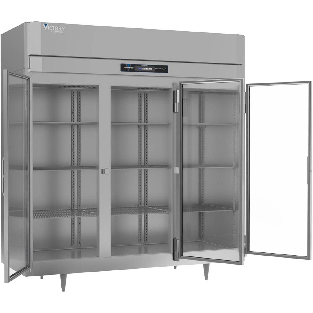Victory RSA-3D-S1-G-HC 78" Three Section Reach-In Refrigerator w/ 3 Glass Swing Full Doors, Aluminum Interior, 68 cu. ft.