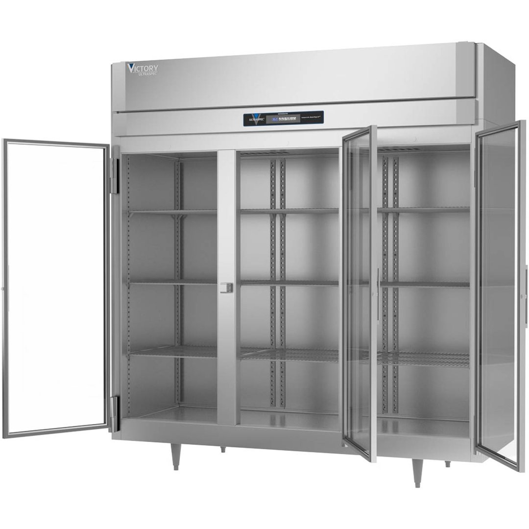 Victory RSA-3D-S1-G-HC 78" Three Section Reach-In Refrigerator w/ 3 Glass Swing Full Doors, Aluminum Interior, 68 cu. ft.