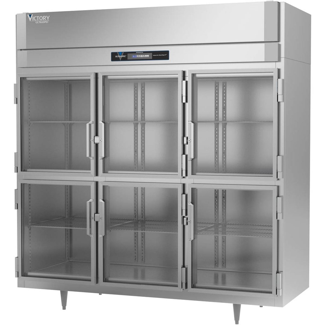 Victory RSA-3D-S1-HG-HC 78" Three Section Reach-In Refrigerator w/ 6 Glass Swing Half Doors, Aluminum Interior, 68 cu. ft.