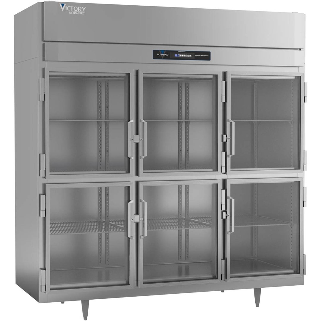 Victory RSA-3D-S1-HG-HC 78" Three Section Reach-In Refrigerator w/ 6 Glass Swing Half Doors, Aluminum Interior, 68 cu. ft.