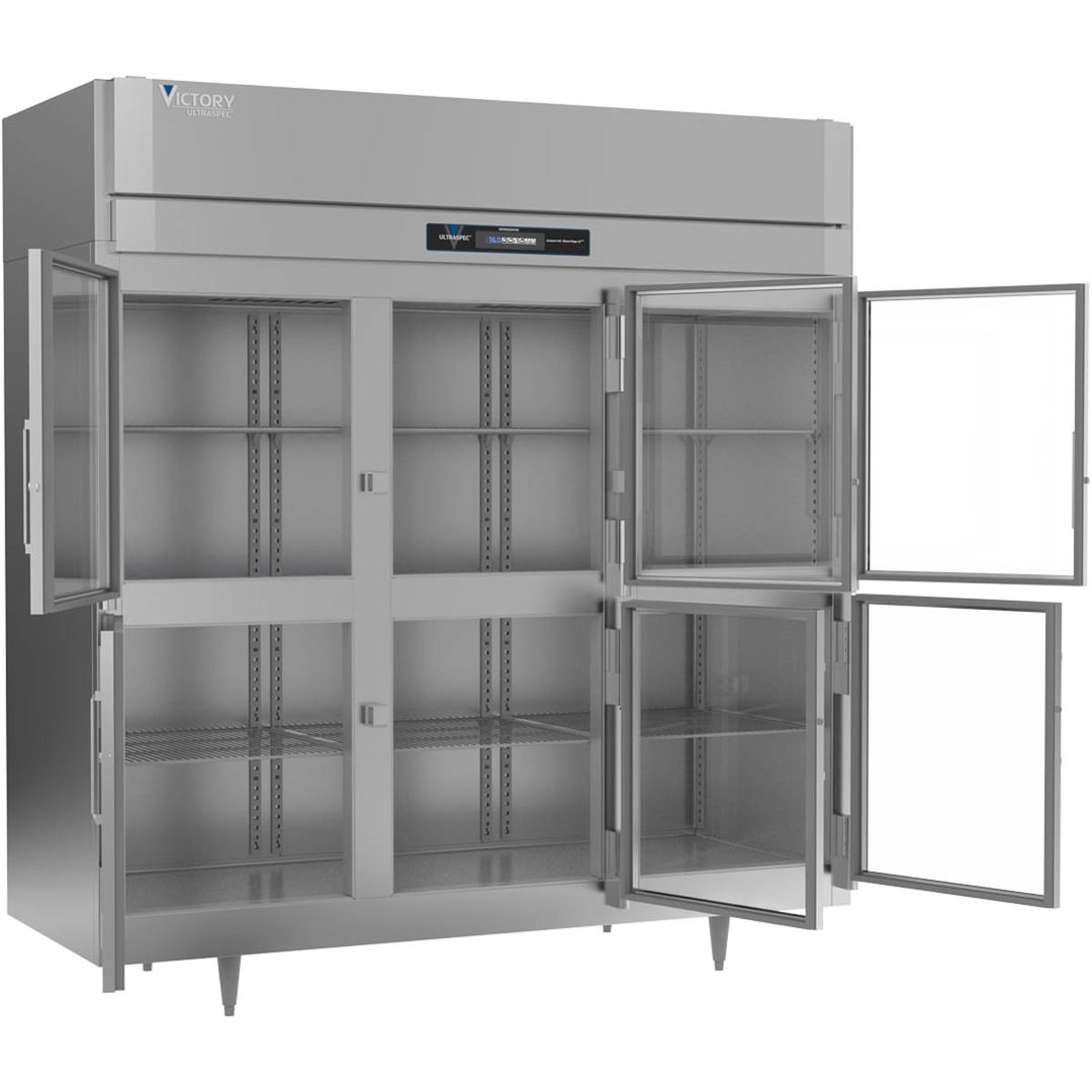 Victory RSA-3D-S1-HG-HC 78" Three Section Reach-In Refrigerator w/ 6 Glass Swing Half Doors, Aluminum Interior, 68 cu. ft.