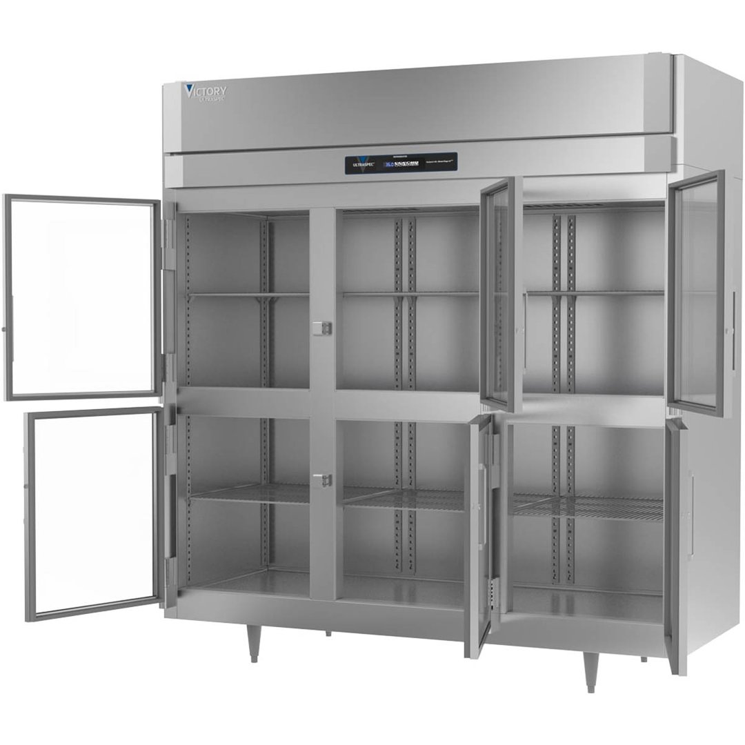 Victory RSA-3D-S1-HG-HC 78" Three Section Reach-In Refrigerator w/ 6 Glass Swing Half Doors, Aluminum Interior, 68 cu. ft.
