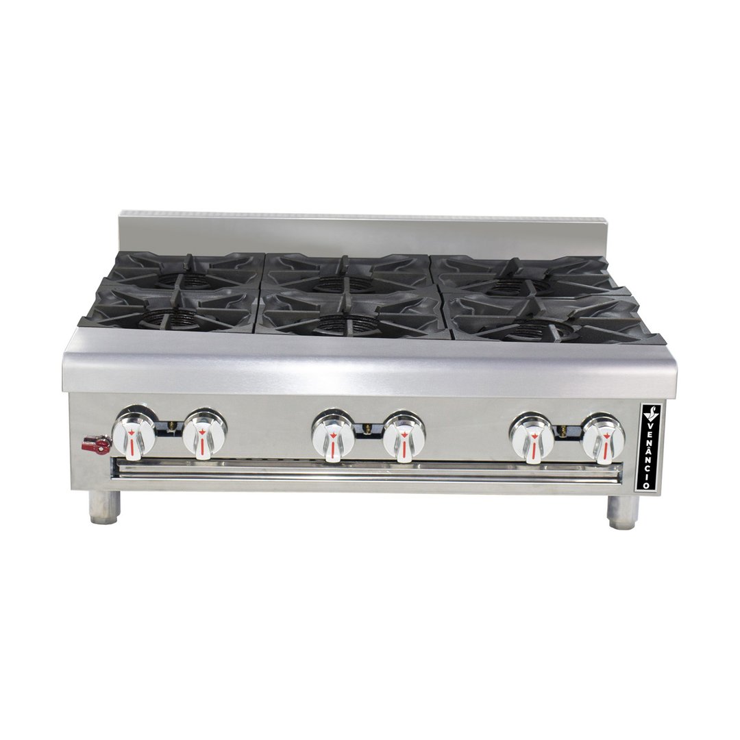 Venancio USA G36CT-36B 36"Countertop Heavy Duty Gas Hotplate with (6) Burners, Manual Control, 132.000 BTU